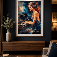 Styled room mockup of Midnight Sonata pianist diamond painting displayed in a frame; frame and room setting are for styling inspiration only and are not included.