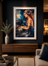Styled room mockup of Midnight Sonata pianist diamond painting displayed in a frame; frame and room setting are for styling inspiration only and are not included.