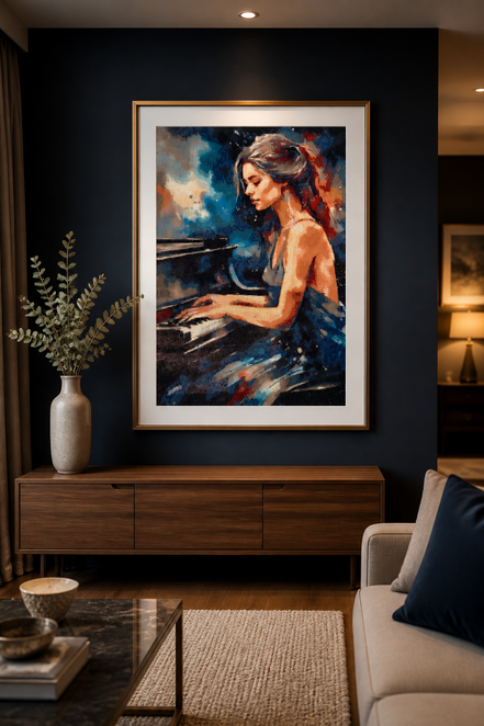 Styled room mockup of Midnight Sonata pianist diamond painting displayed in a frame; frame and room setting are for styling inspiration only and are not included.