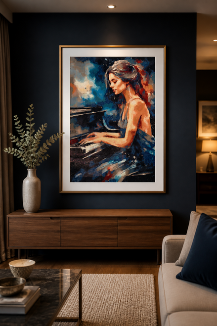 Styled room mockup of Midnight Sonata pianist diamond painting displayed in a frame; frame and room setting are for styling inspiration only and are not included.