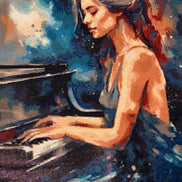 Completed Midnight Sonata pianist diamond painting with woman playing piano in deep blue, black, white, and warm red tones.