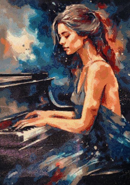 Completed Midnight Sonata pianist diamond painting with woman playing piano in deep blue, black, white, and warm red tones.