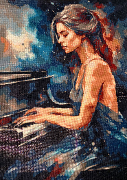 Completed Midnight Sonata pianist diamond painting with woman playing piano in deep blue, black, white, and warm red tones.