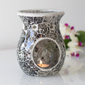 Gunmetal Grey Crackle Oil Burner & Wax Warmer showcasing a large reflective mosaic design with a lit tealight candle.