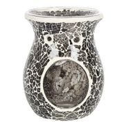 Gunmetal grey crackle mosaic wax warmer with flared top bowl, circular front opening and mirrored tiled surface on white background