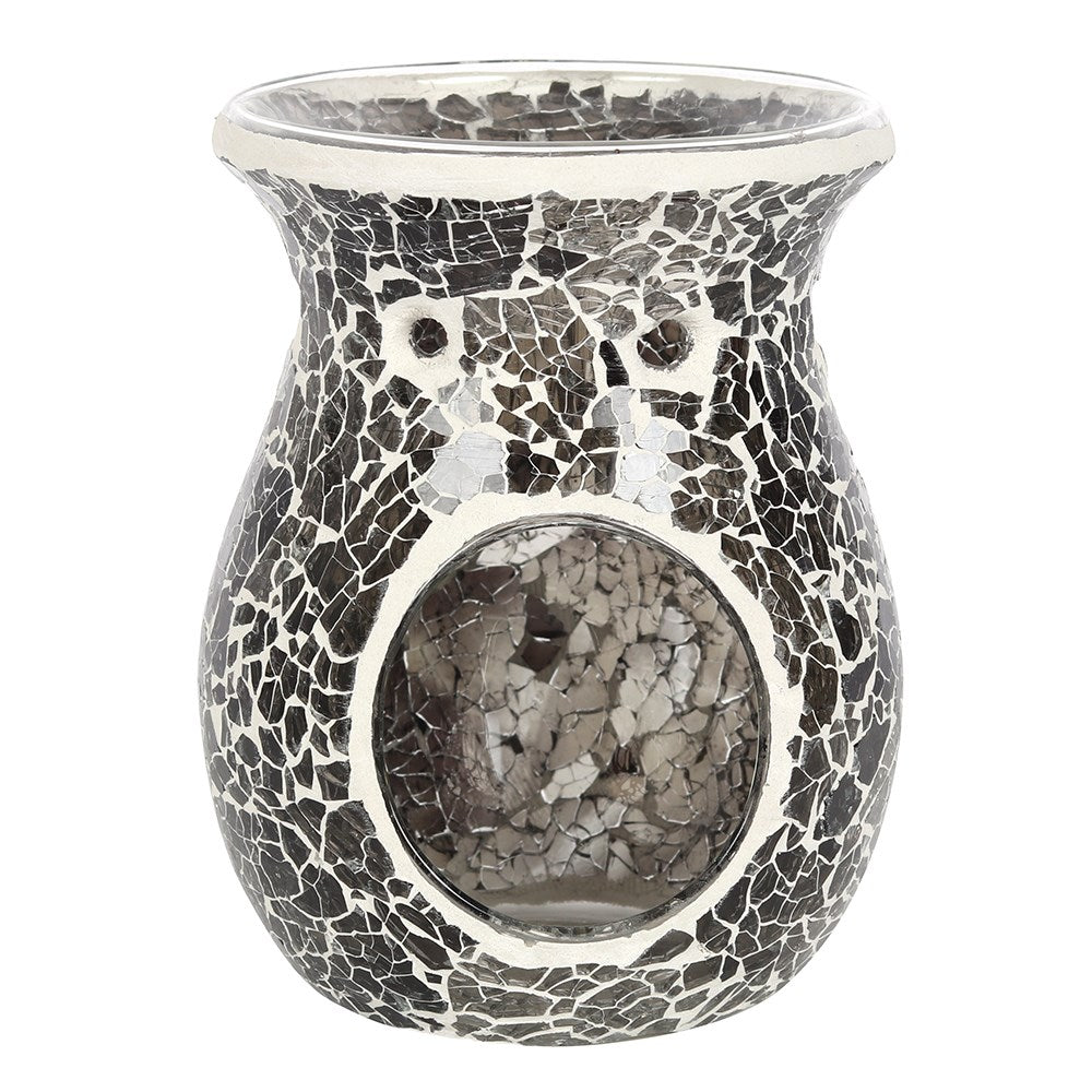 Gunmetal grey crackle mosaic wax warmer with flared top bowl, circular front opening and mirrored tiled surface on white background