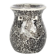 Front-facing bulbous gunmetal-grey crackle mosaic wax warmer with flared rim and reflective silver inner bowl on a white background