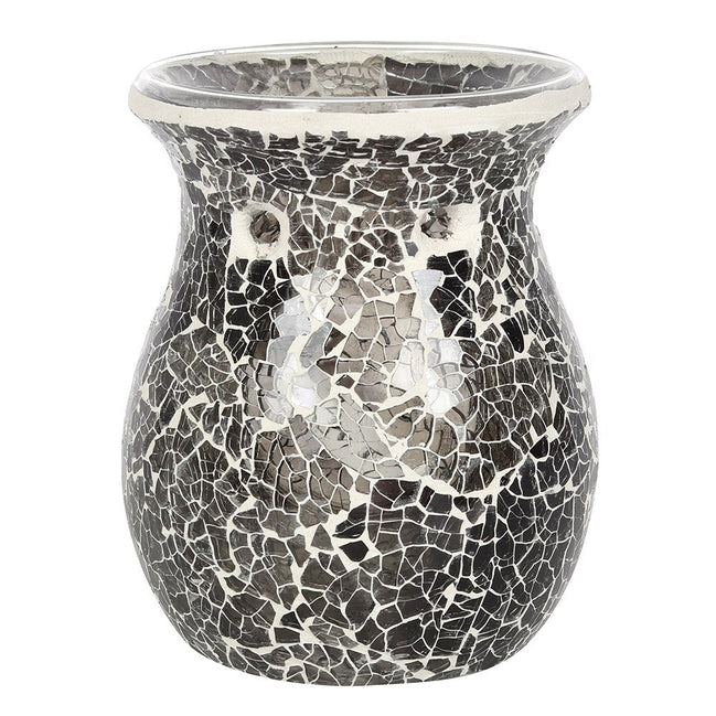Front-facing bulbous gunmetal-grey crackle mosaic wax warmer with flared rim and reflective silver inner bowl on a white background
