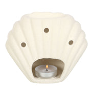 seashell oil burner for home decor in a neutral stone color with a tealight candle.