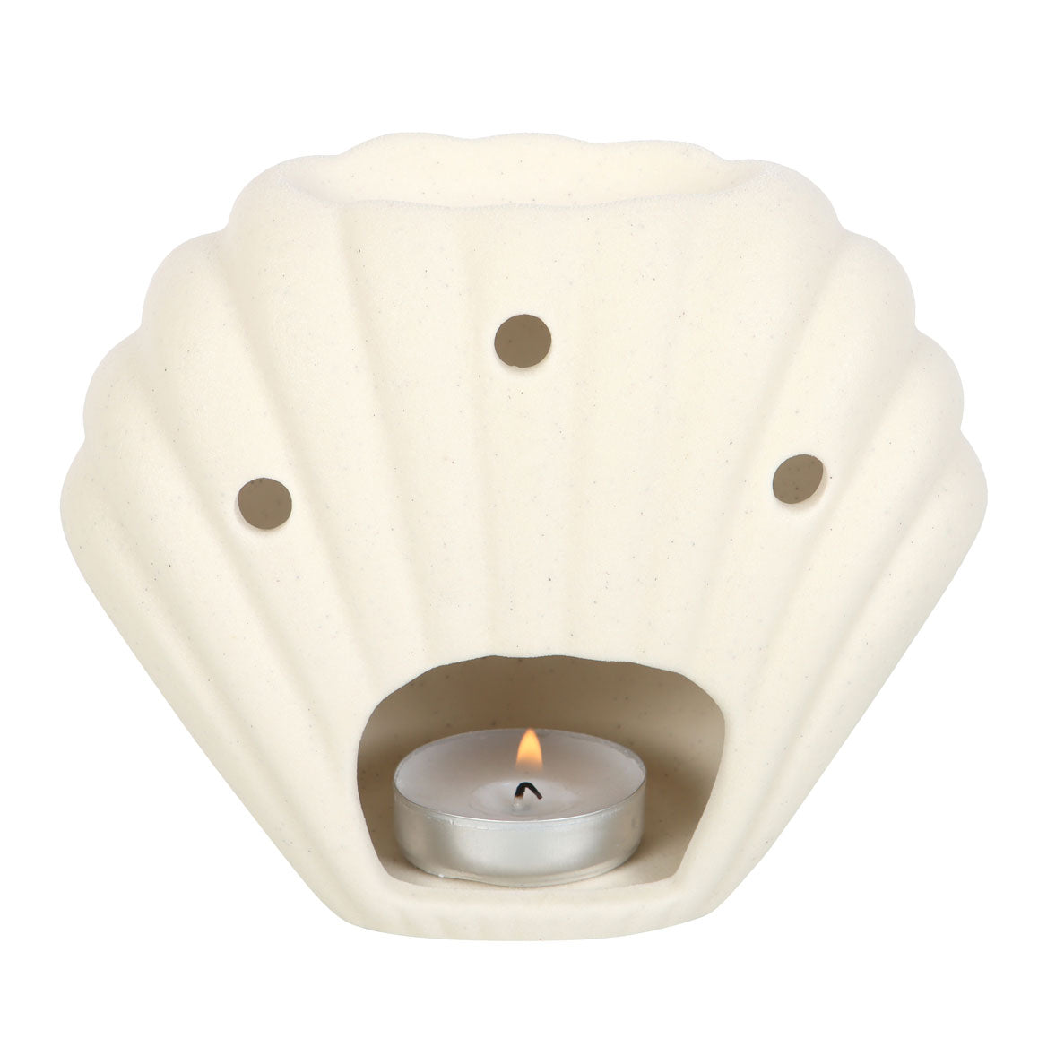 seashell oil burner for home decor in a neutral stone color with a tealight candle.
