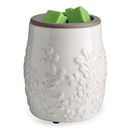 Flip Dish Wax Warmer Willow with green wax melts in a decorative embossed ceramic design.