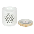 White Mandala Cut Out Oil Burner and Wax Warmer with tealight for home fragrance.