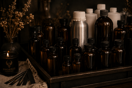 Amber fragrance oil bottles and candle-making materials arranged in the Phoenix Crafted studio.