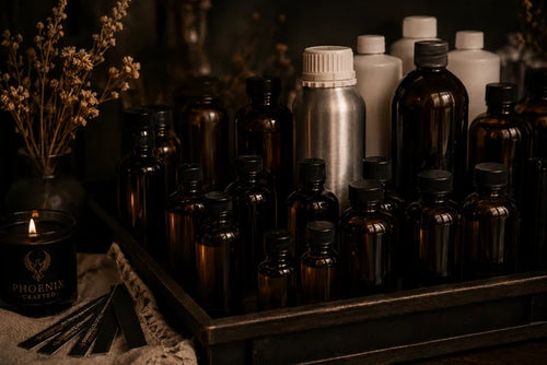 Amber fragrance oil bottles and candle-making materials arranged in the Phoenix Crafted studio.