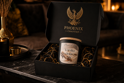 A finished Phoenix Crafted candle presented in a black gift box with gold branding.