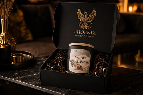 A finished Phoenix Crafted candle presented in a black gift box with gold branding.