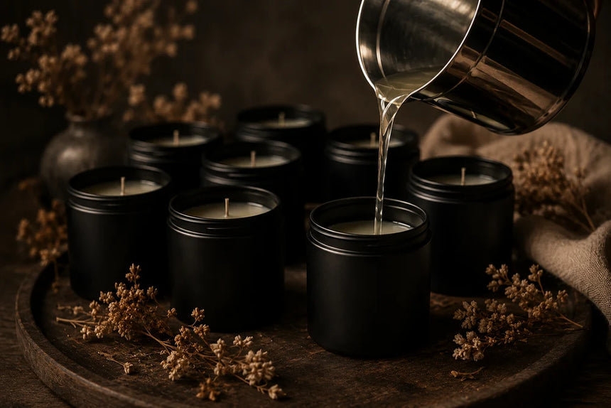 Warm candle wax being carefully poured into black candle vessels in small batches.