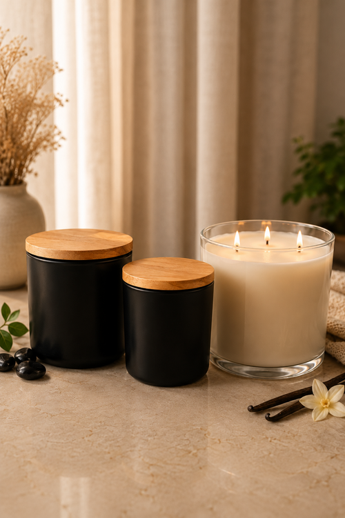 Phoenix Crafted signature candle vessels in matte black and clear glass with natural wood lids.