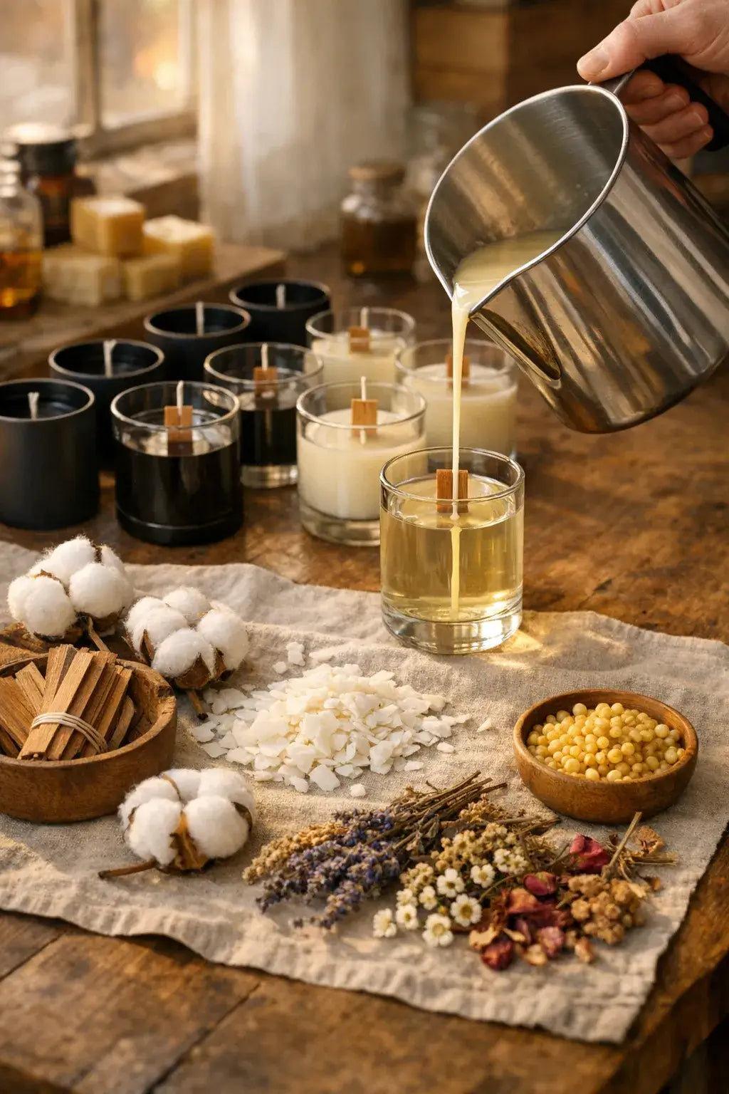 Person pouring liquid into a glass with candles and natural elements on a wooden surface