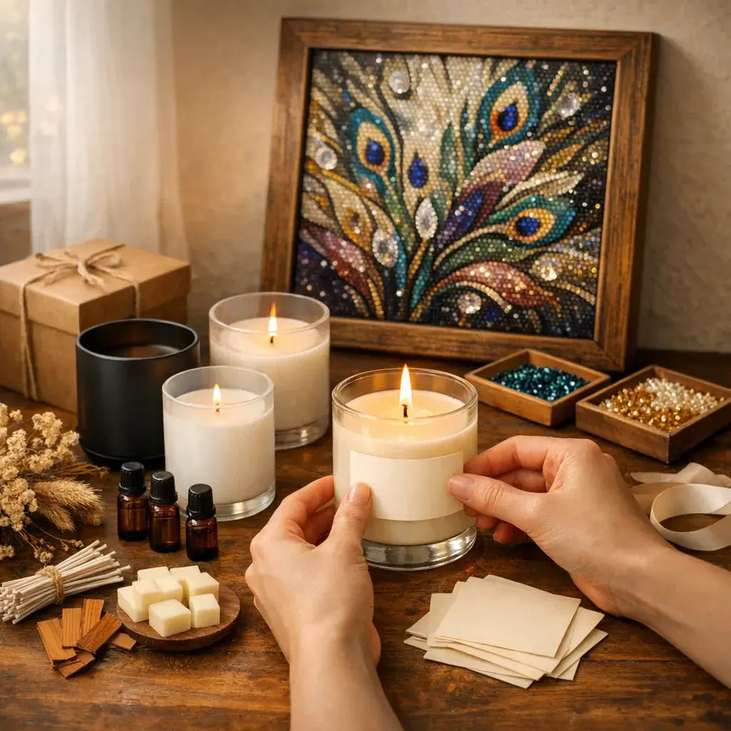 Candlelit scene with hands holding a candle, surrounded by decorative items on a wooden table.