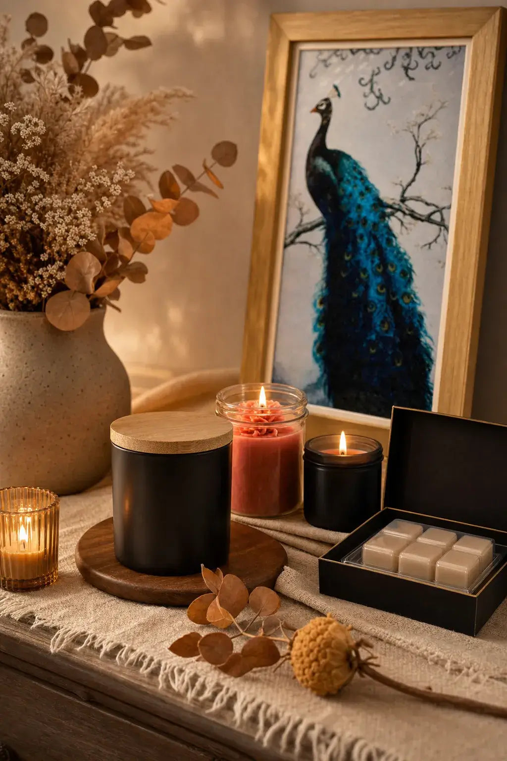 Decorative setting with candles, a peacock painting, and a box of tea bags on a table.