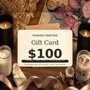 Phoenix Crafted Gift Cards featuring a $100 gift card surrounded by candles and handcrafted art.