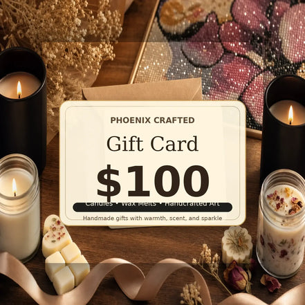 Phoenix Crafted Gift Cards featuring a $100 gift card surrounded by candles and handcrafted art.