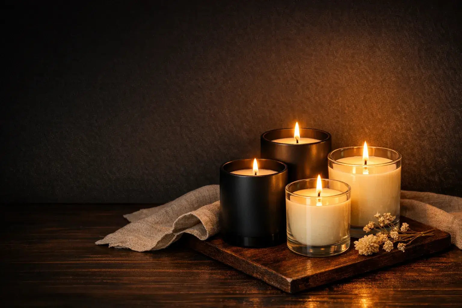 Four candles on a wooden tray with a dark background