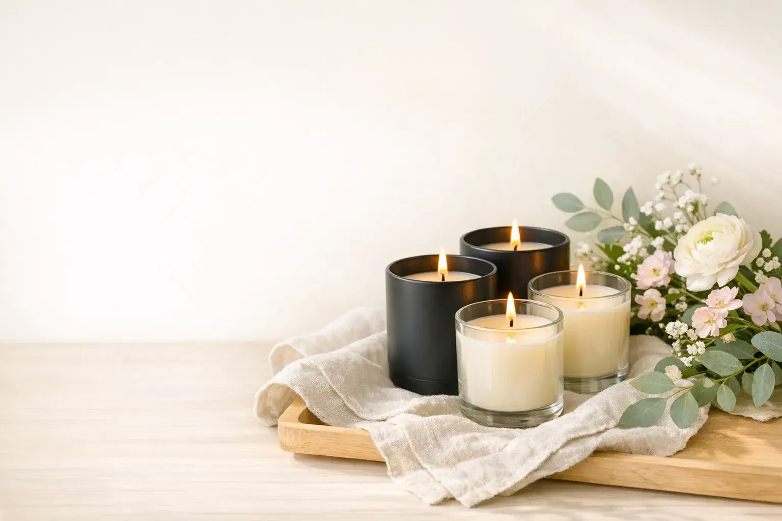 Candles on a wooden tray with a white background