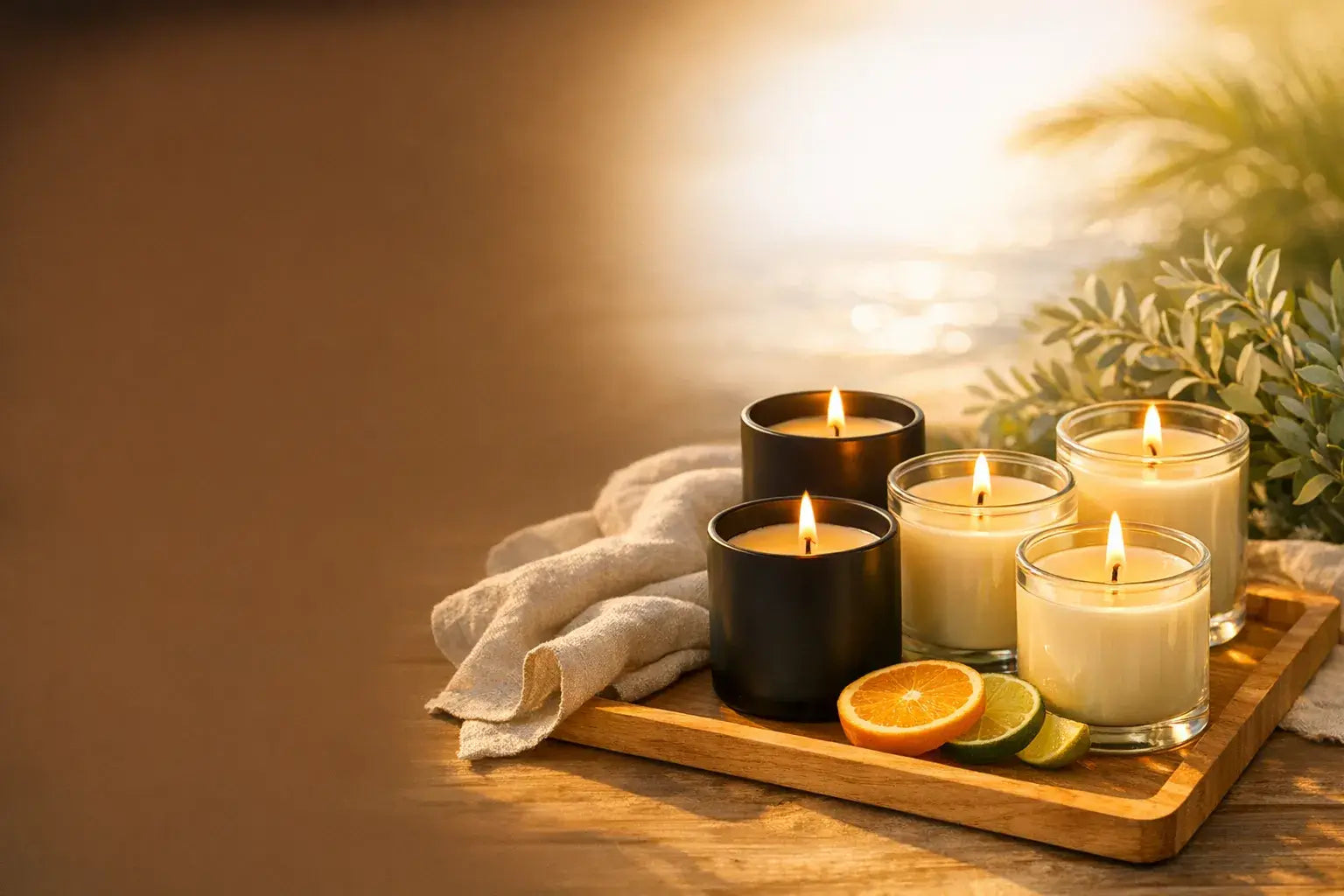 Candles on a wooden tray with a cloth and fruit on a warm-toned background