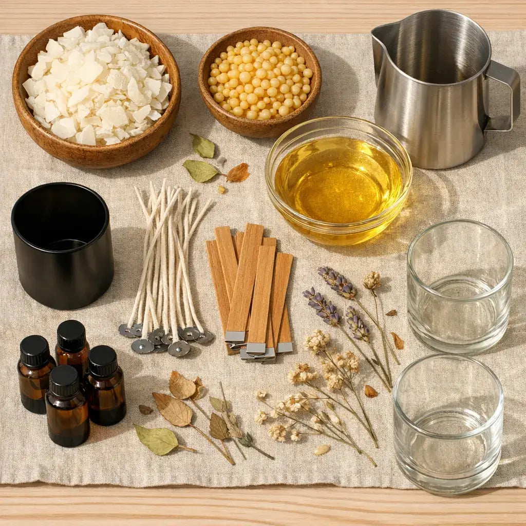 Assorted items including bowls of ingredients, a pitcher, cups, and dried herbs on a textured surface.