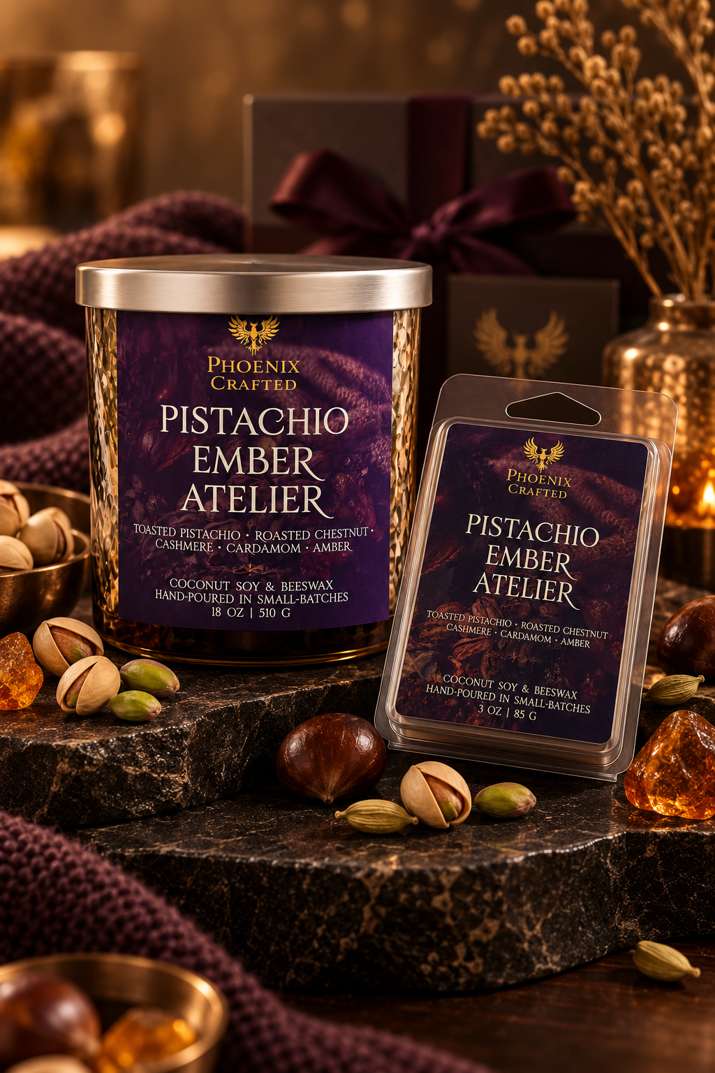Pistachio Ember Atelier Limited Rose Gold candle and matching wax melt gift set by Phoenix Crafted
