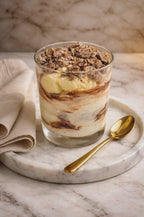 A delicious dessert featuring layers of creamy ice cream and chocolate crumble in a glass, ready for indulgence.