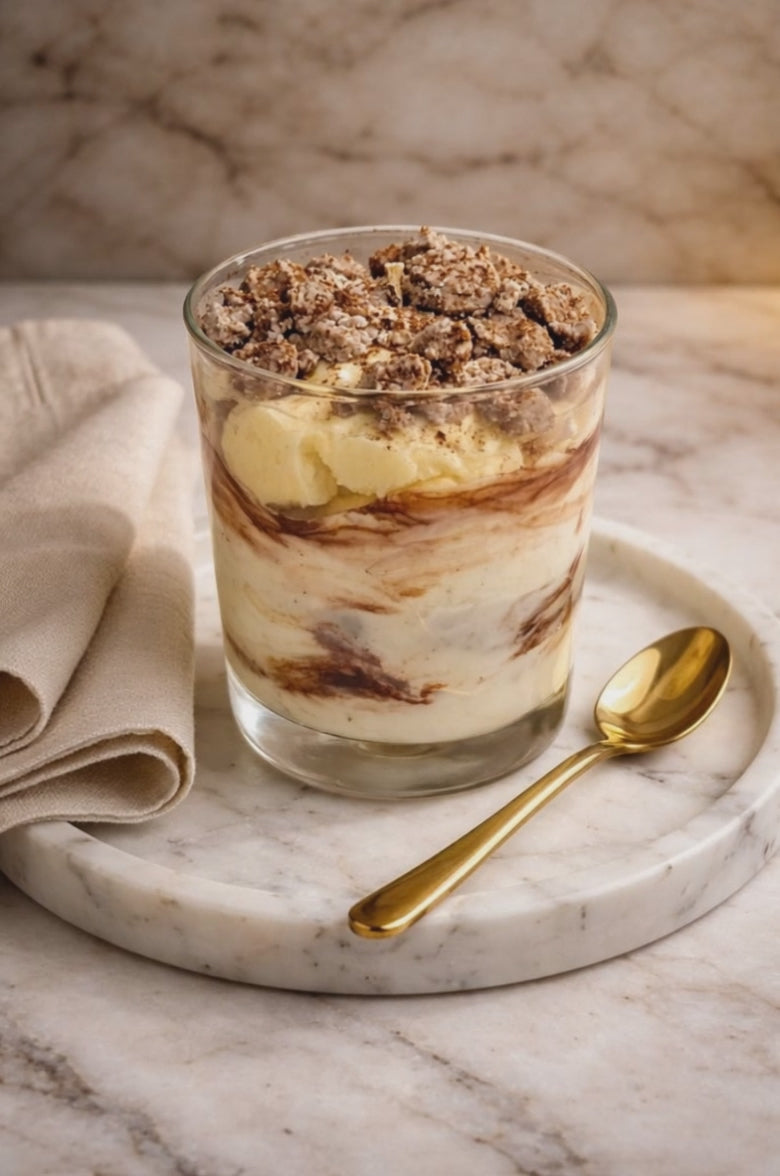 A delicious dessert featuring layers of creamy ice cream and chocolate crumble in a glass, ready for indulgence.
