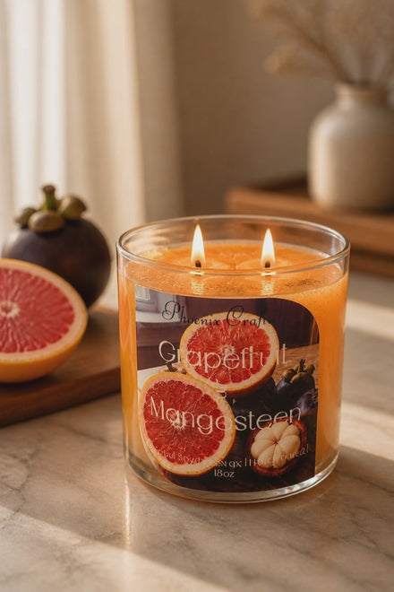 Grapefruit & Mangosteen candle with grapefruit slices, showcasing its vibrant scent and warm ambiance.