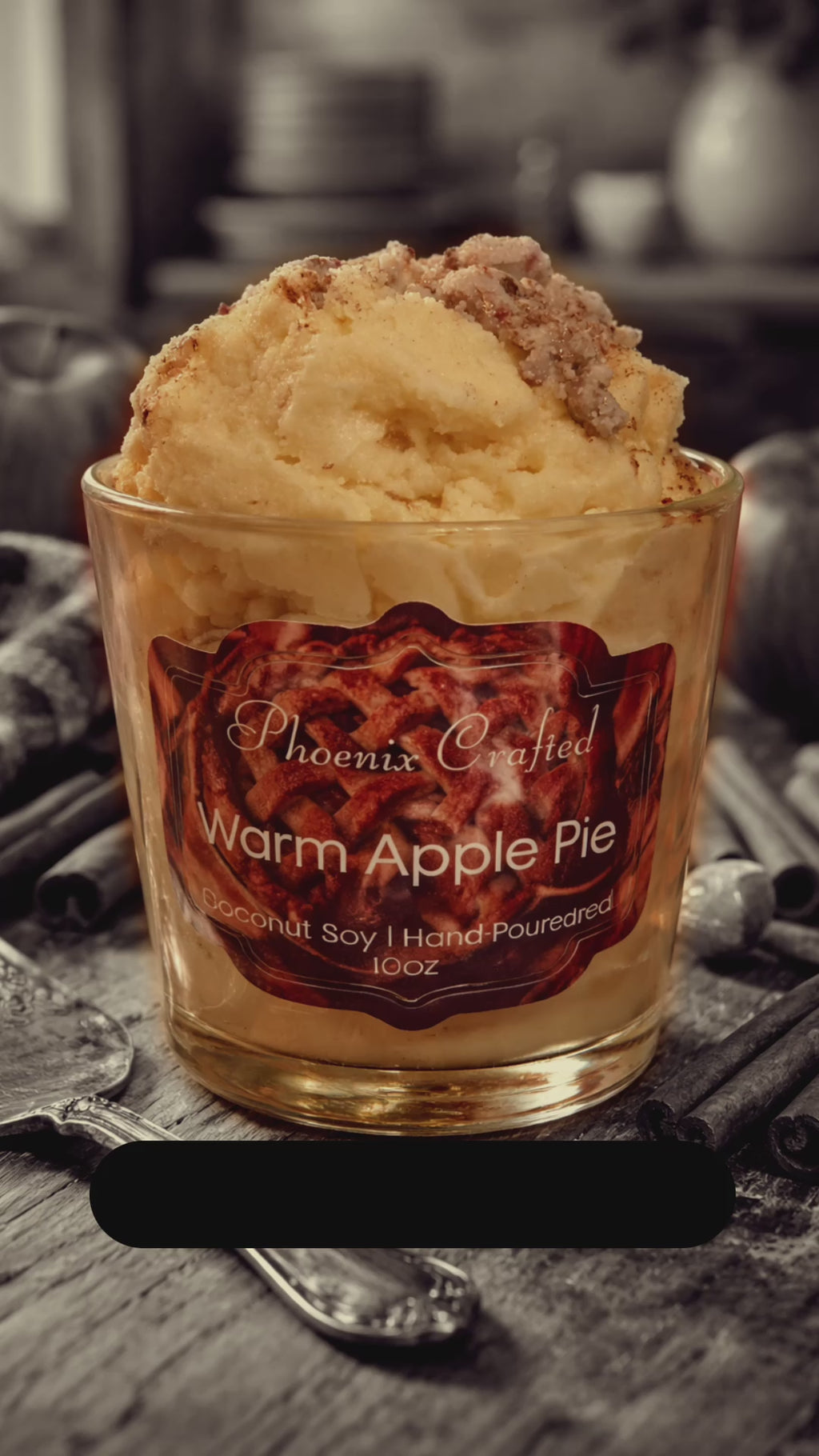 Warm Apple Pie candle by Phoenix Crafted, featuring a cozy scent inspired by fresh baked apple pie.