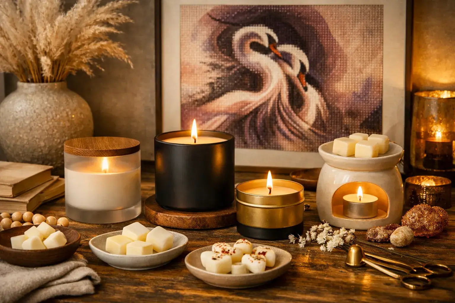 Candlelit scene with various candles and a cross-stitched swan picture on a wooden surface.