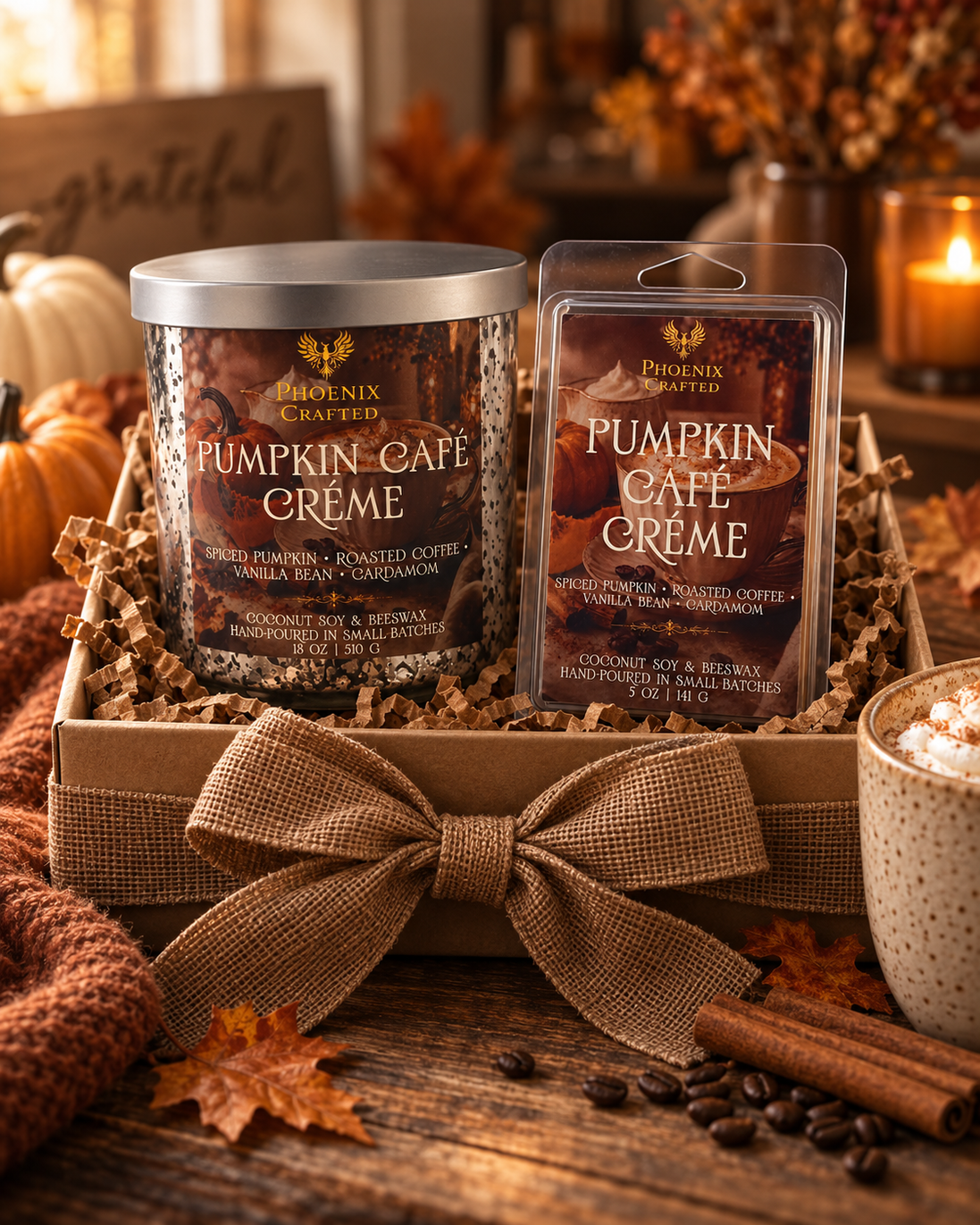 Pumpkin Café Crème Limited Rose Gold gift set with an 18 oz candle and matching 5 oz wax melts