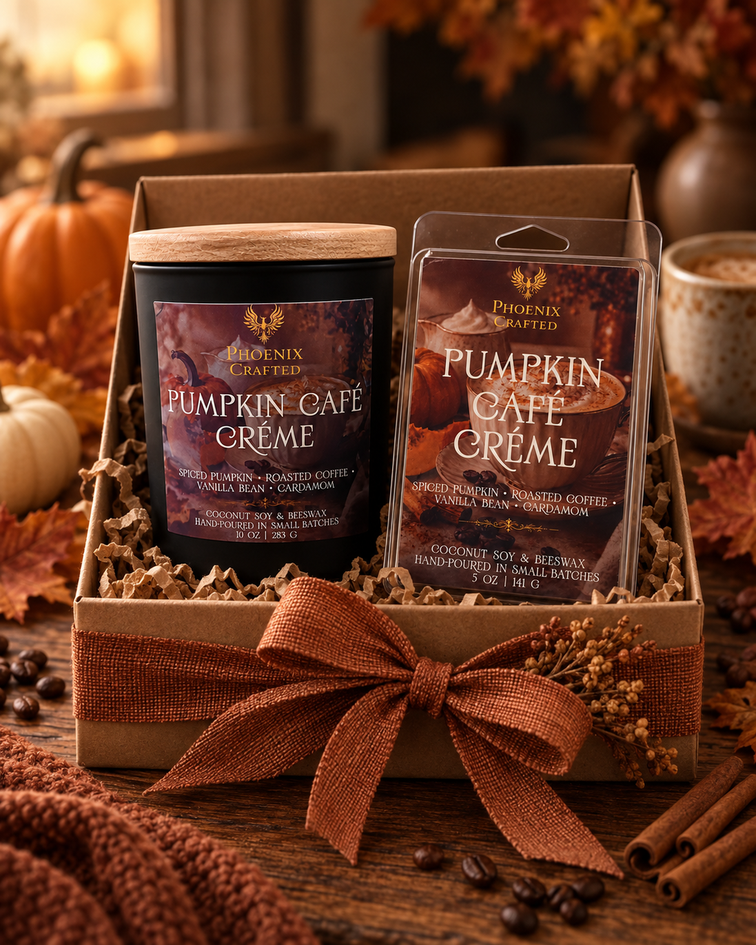 Pumpkin Café Crème gift set with a Noir 10 oz cotton-wick candle and matching 5 oz wax melts