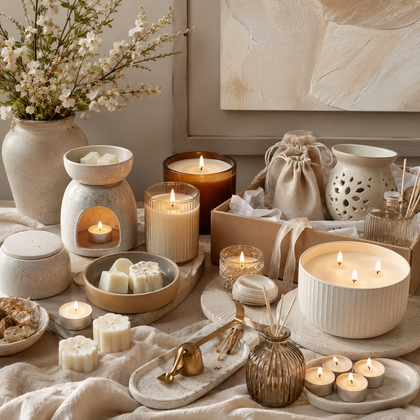 Phoenix Crafted candles, wax melts, warmers, tealights, accessories, and artwork in a cohesive home-fragrance display.