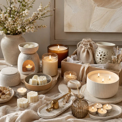 Phoenix Crafted candles, wax melts, warmers, tealights, accessories, and artwork in a cohesive home-fragrance display.