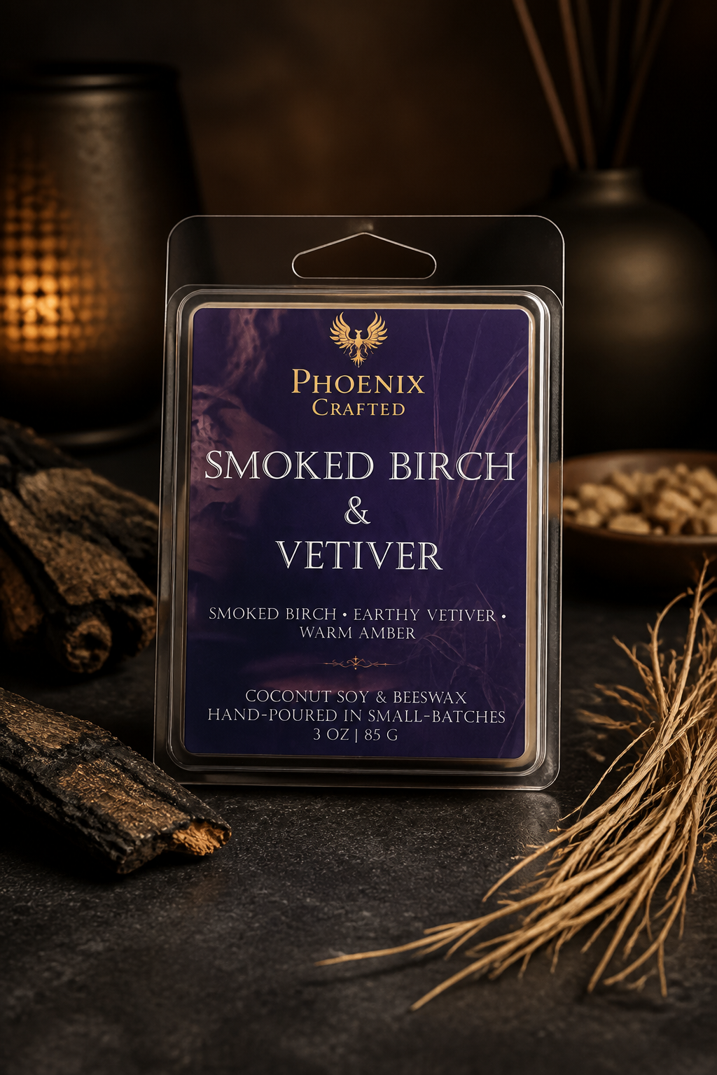 Clear plastic clamshell wax-melt pack with a deep purple label, upright on dark stone beside charred wood and dried grasses.