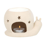 Happy Snail Oil Burner and Wax Warmer in neutral stone color, with a tealight candle inside, adding playful charm.