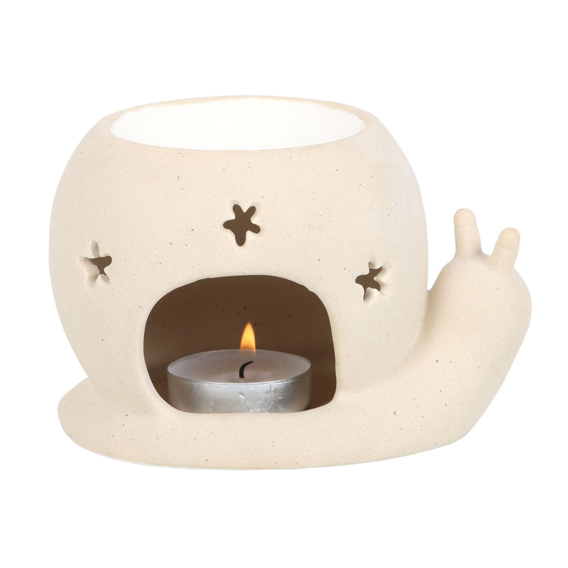 Happy Snail Oil Burner and Wax Warmer in neutral stone color, with a tealight candle inside, adding playful charm.
