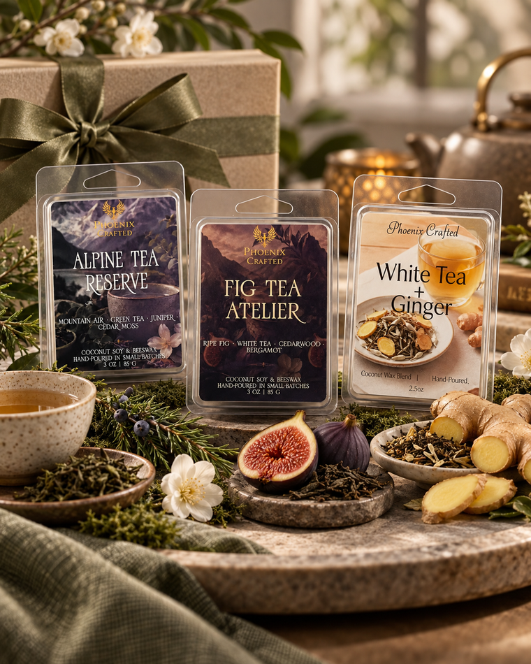 Alpine Tea Reserve, Fig Tea Atelier, and White Tea & Ginger wax melt discovery set by Phoenix Crafted