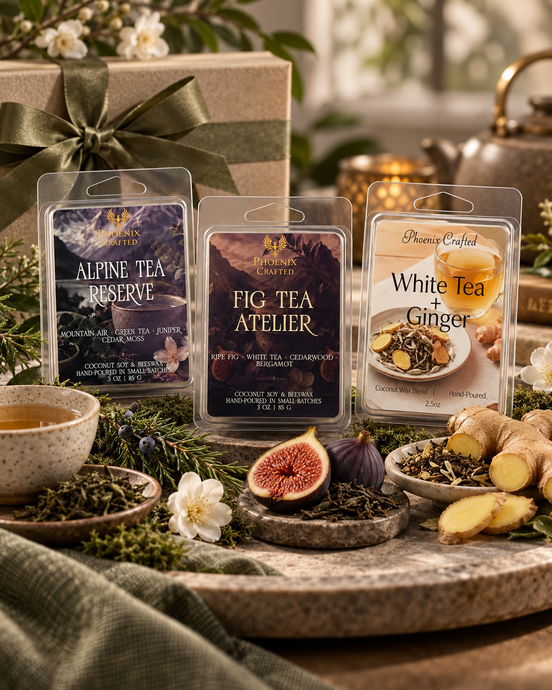 Alpine Tea Reserve, Fig Tea Atelier, and White Tea & Ginger wax melt discovery set by Phoenix Crafted