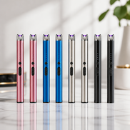 USB rechargeable arc lighters in pink, blue, silver, and black with visible plasma arcs