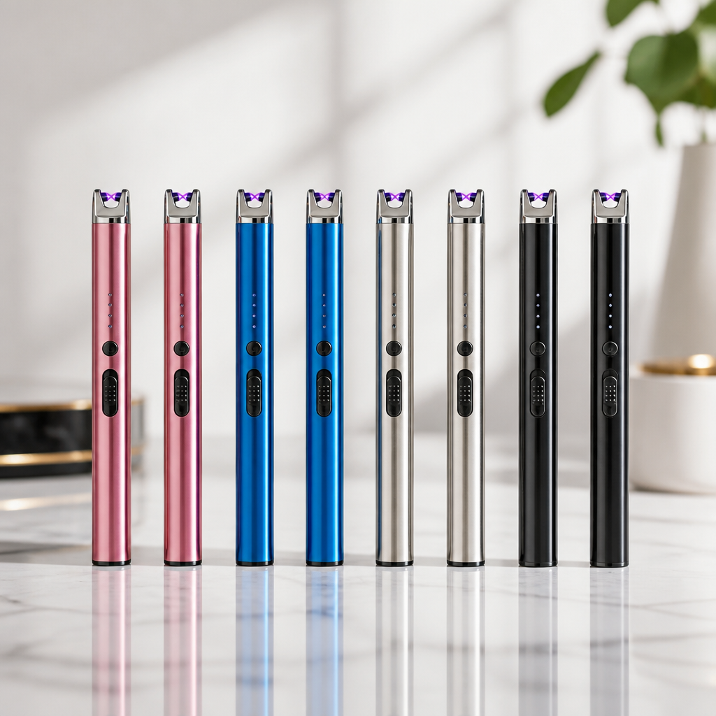 USB rechargeable arc lighters in pink, blue, silver, and black with visible plasma arcs
