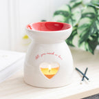 Valentine's Day Heart Oil Burner and Wax Warmer with heart cut out and 'All you need is love' text.