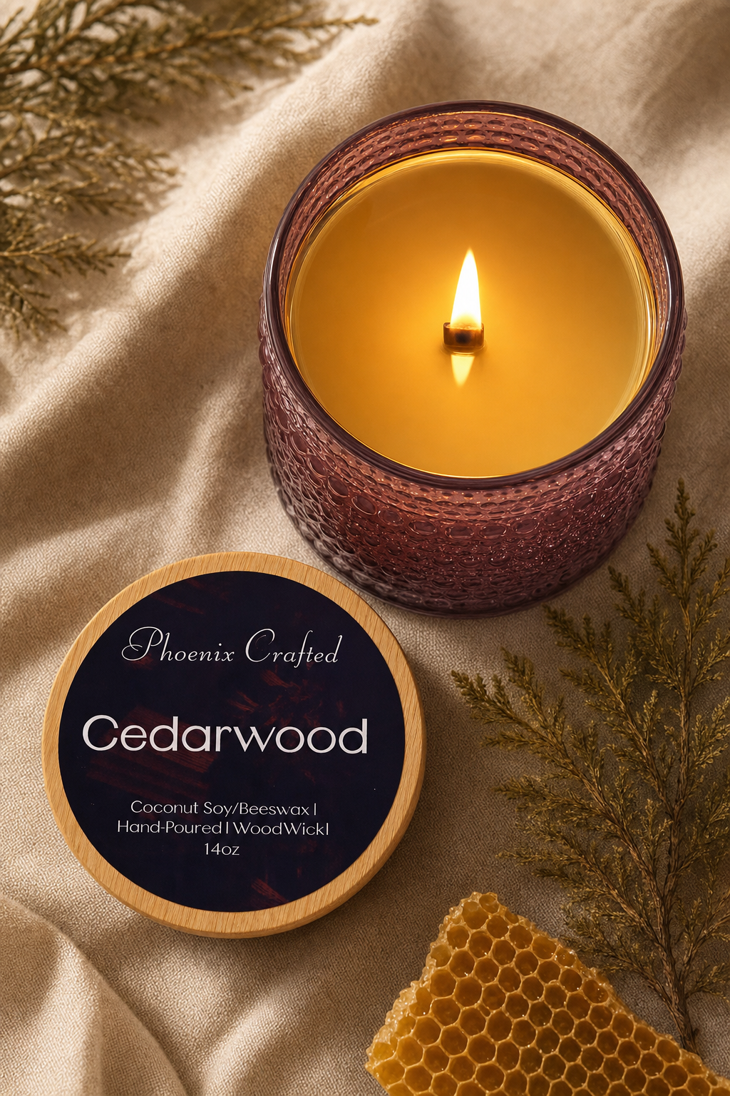 Lit Cedarwood candle in textured purple glass with a wooden wick; round wooden lid labeled 